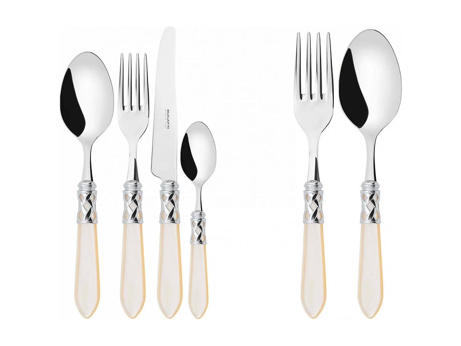 Couverts ALADDIN 50 pièces, bague chromée, manche ivoire, boîte Gallery