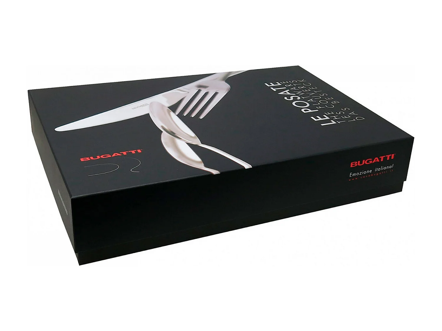 Couverts ALADDIN 50 pièces, bague argent antique, manche bordeaux, boîte Gallery