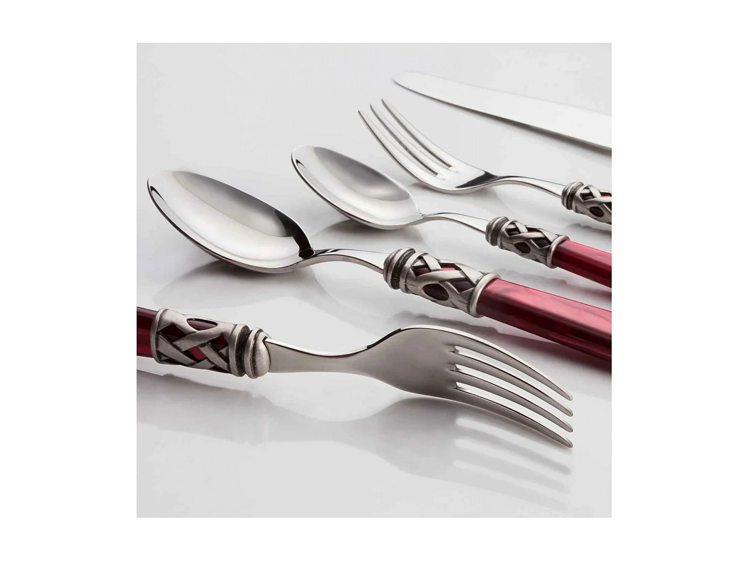 Couverts ALADDIN 24 pièces, bague argent antique, manche bordeaux, boîte Gallery