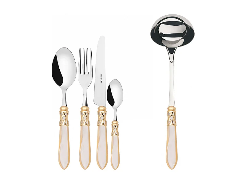 Couverts ALADDIN 49 pièces, bague dorée, manche ivoire, boîte Gallery