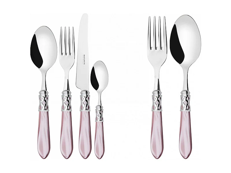 Couverts ALADDIN 50 pièces, bague chromée, manche lilas, boîte Gallery