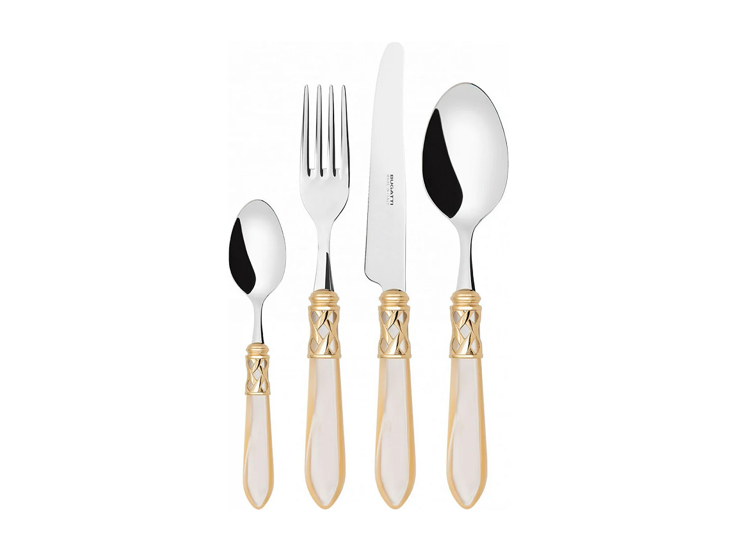 Couverts ALADDIN 24 pièces, bague dorée, manche ivoire, boîte Gallery