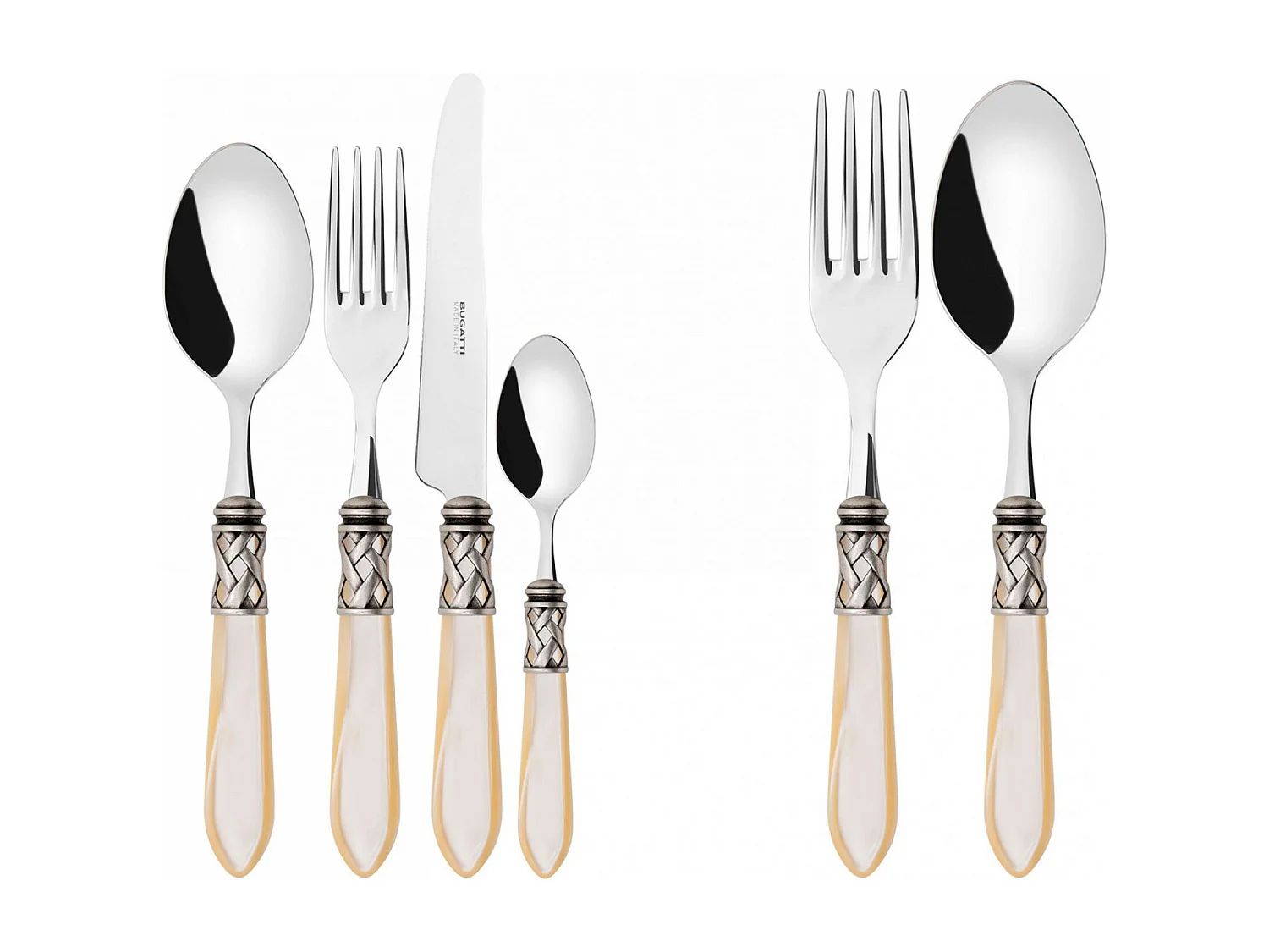 Couverts ALADDIN 50 pièces, bague argent antique, manche ivoire, boîte Gallery