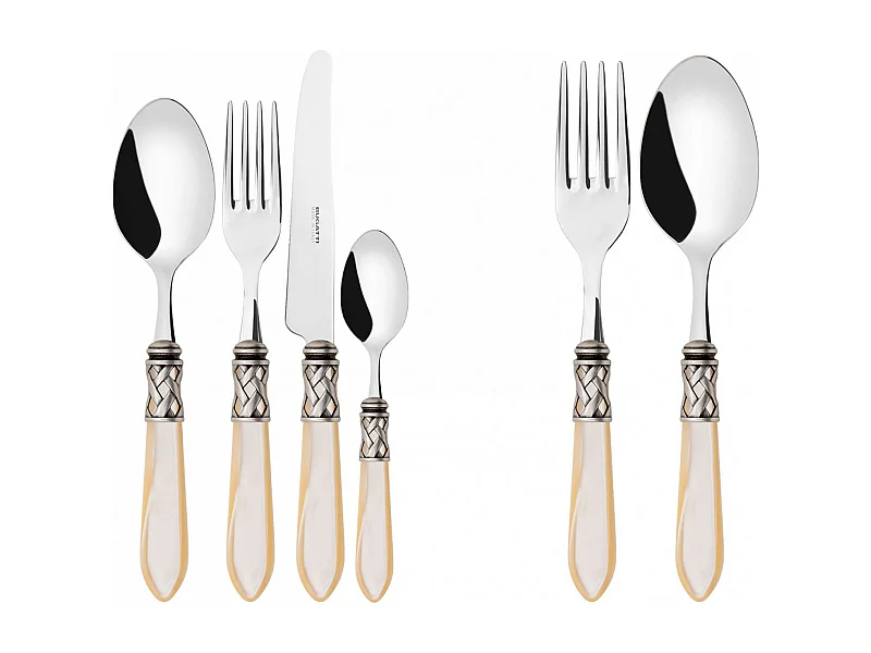 Couverts ALADDIN 50 pièces, bague argent antique, manche ivoire, boîte Gallery