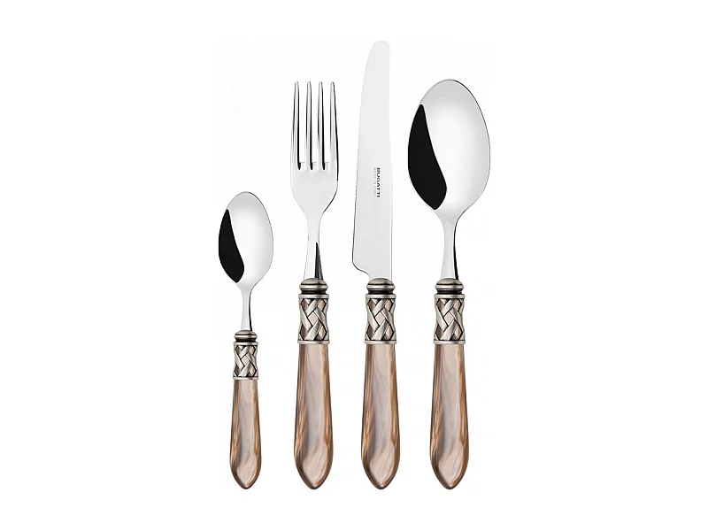 Couverts ALADDIN 24 pièces, bague argent antique, manche onyx, boîte Gallery