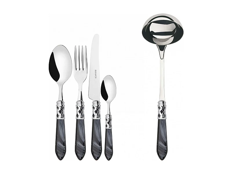 Couverts ALADDIN 49 pièces, bague chromée, manche noir, boîte Gallery