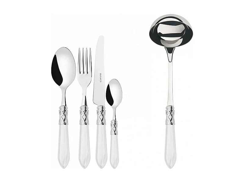 Couverts ALADDIN 49 pièces, bague chromée, manche blanc, boîte Gallery