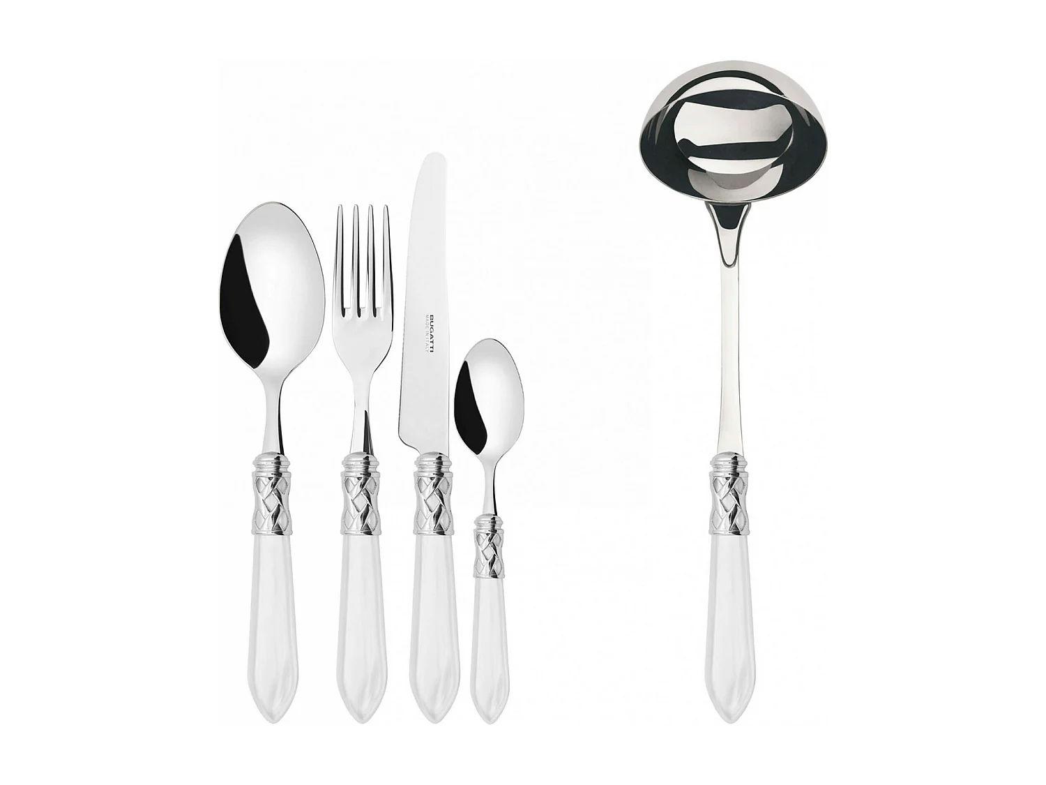 Couverts ALADDIN 49 pièces, bague chromée, manche blanc, boîte Gallery