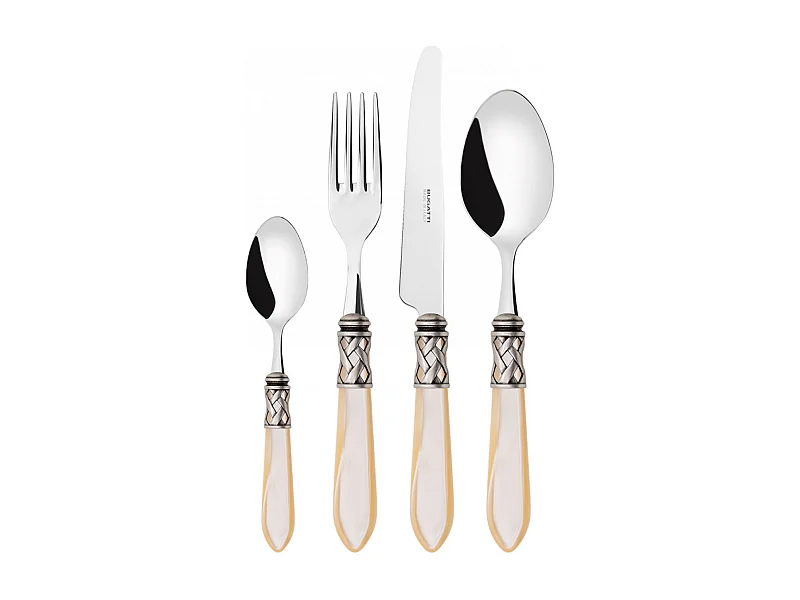 Couverts ALADDIN 24 pièces, bague argent antique, manche ivoire, boîte Gallery