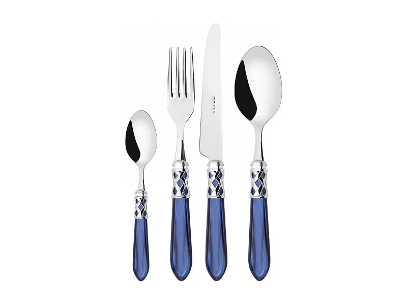 Couverts ALADDIN 24 pièces, bague chromée, manche bleu, boîte Gallery