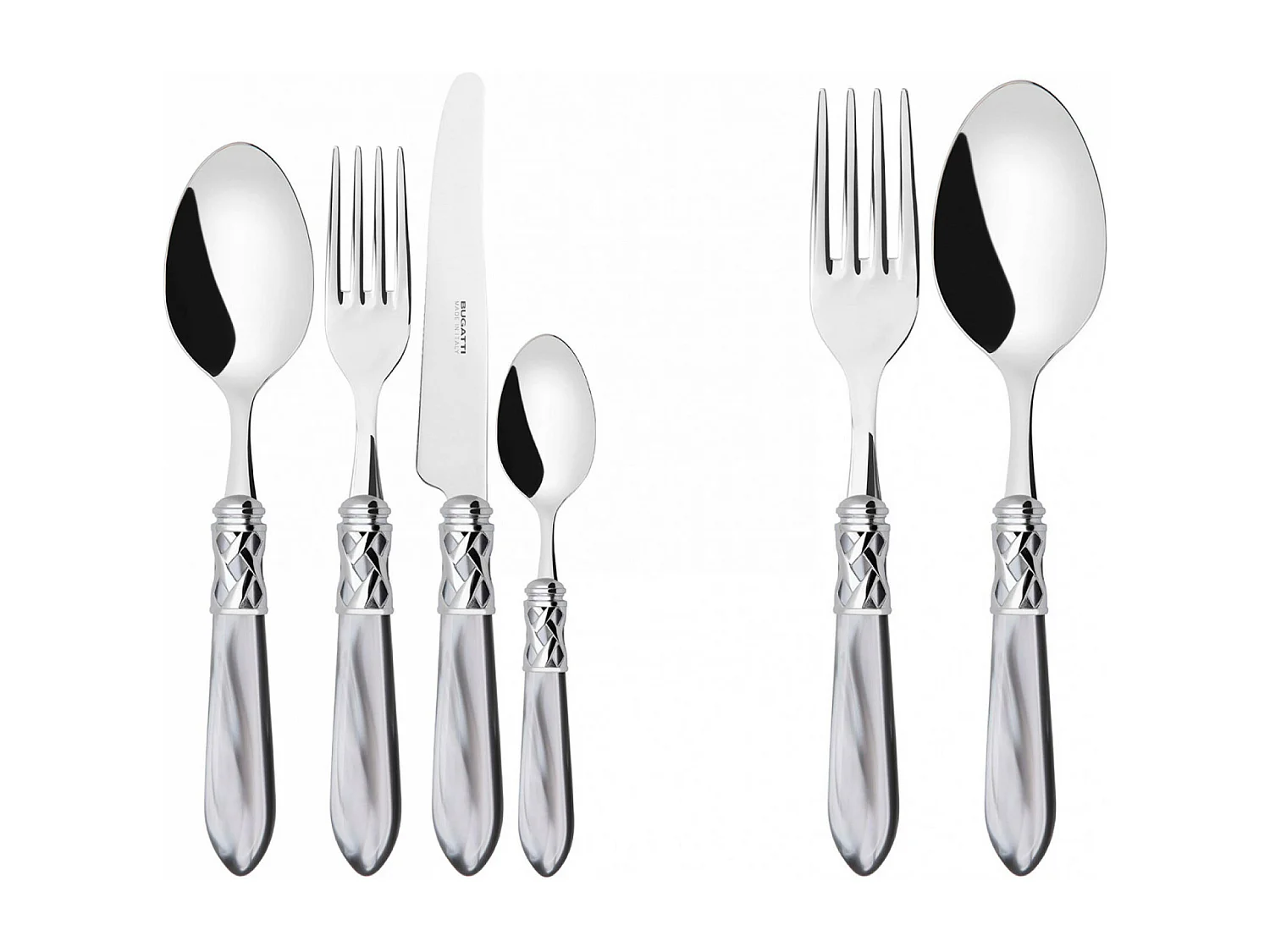 Couverts ALADDIN 50 pièces, bague chromée, manche gris, boîte Gallery