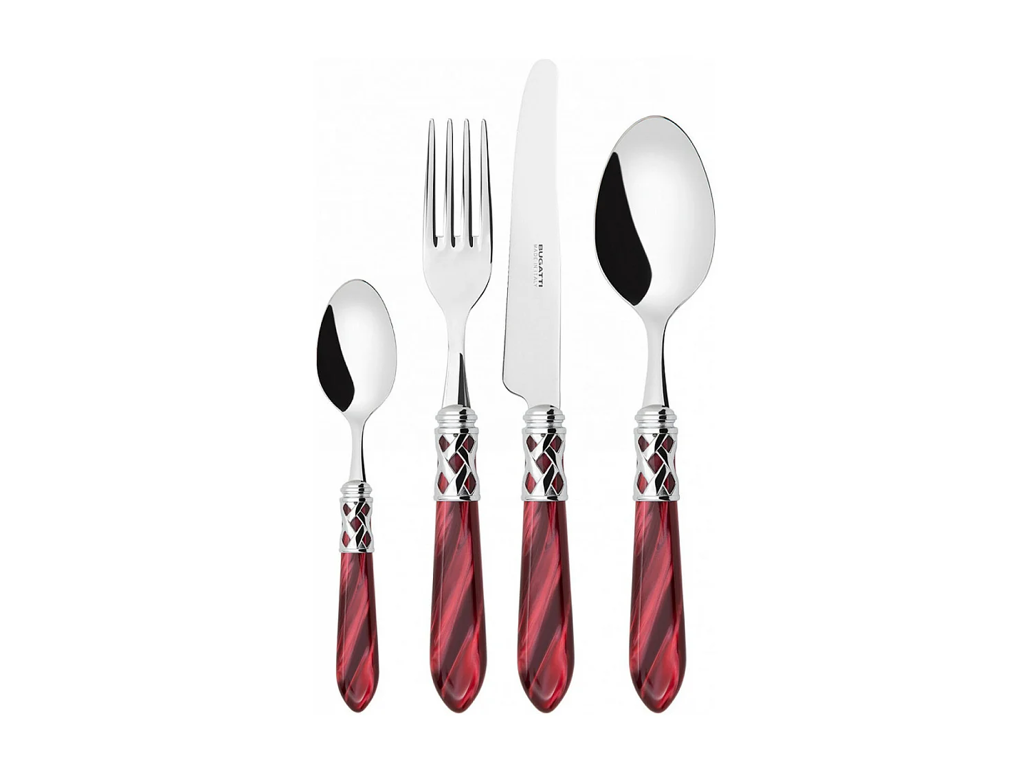 Couverts ALADDIN 24 pièces, bague chromée, manche bordeaux, boîte Gallery