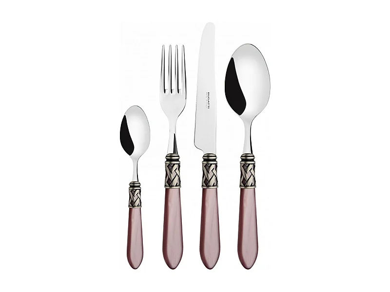 Couverts ALADDIN 24 pièces, bague argent antique, manche lilas, boîte Gallery