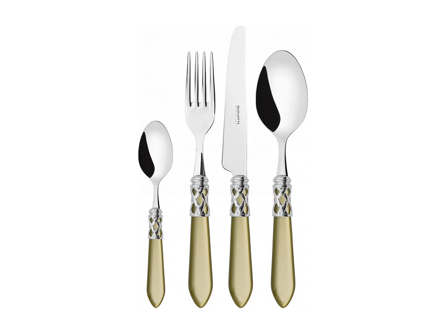 Couverts ALADDIN 24 pièces, bague chromée, manche vert olive, boîte Gallery