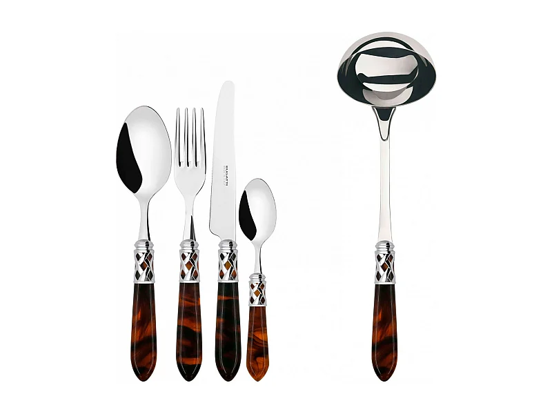 Couverts ALADDIN 49 pièces, bague chromée, manche tortue, boîte Gallery