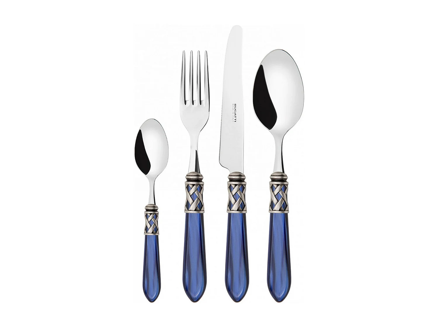 Couverts ALADDIN 24 pièces, bague argent antique, manche bleu, boîte Gallery