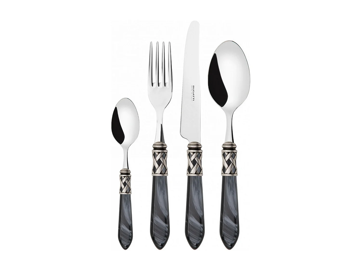 Couverts ALADDIN 24 pièces, bague argent antique, manche noir, boîte Gallery