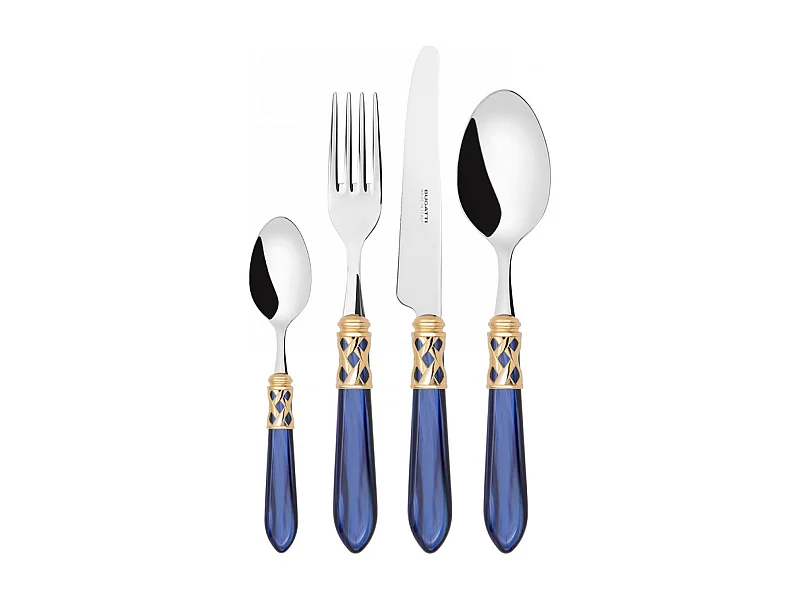 Couverts ALADDIN 24 pièces, bague dorée, manche bleu, boîte Gallery