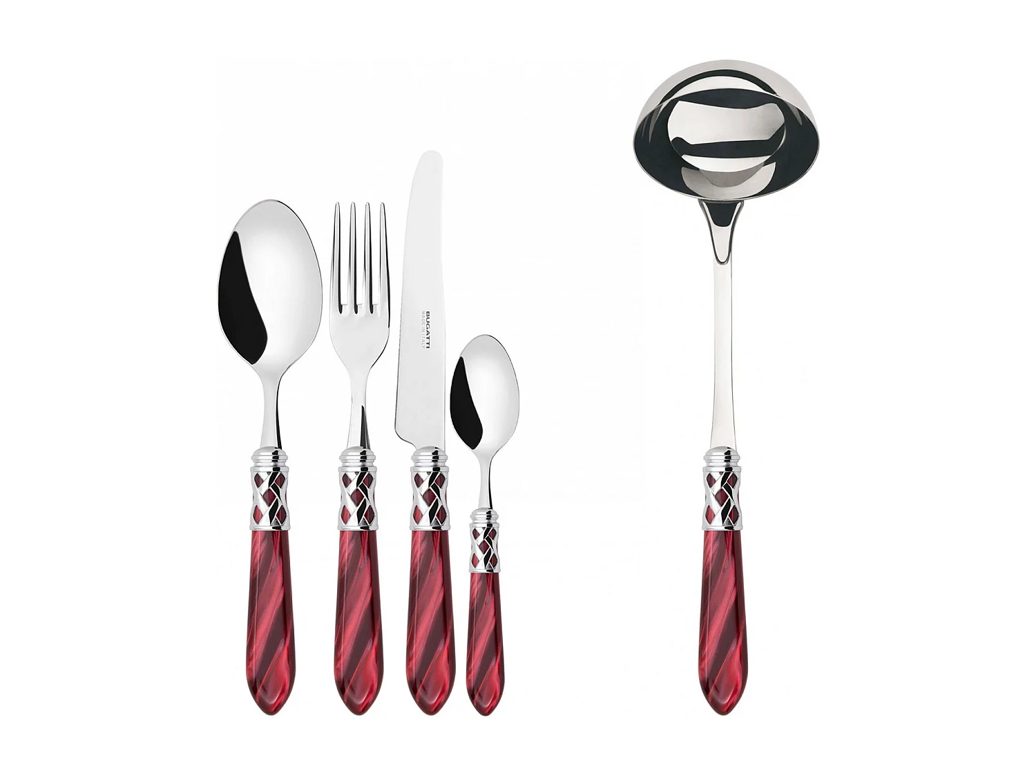 Couverts ALADDIN 49 pièces, bague chromée, manche bordeaux, boîte Gallery