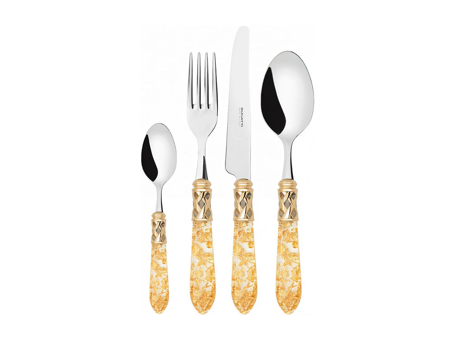 Couverts ALADDIN 24 pièces, anneau doré, manche transparent avec taches dorées,  boite Gallery