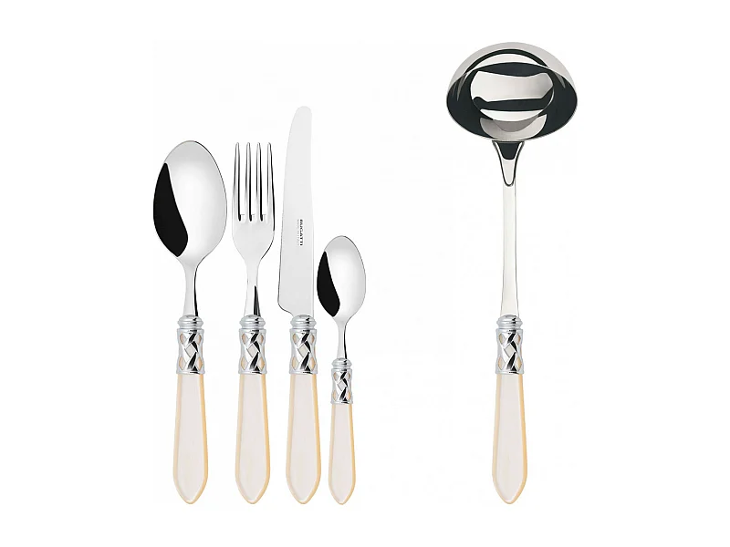 Couverts ALADDIN 49 pièces, bague chromée, manche ivoire, boîte Gallery