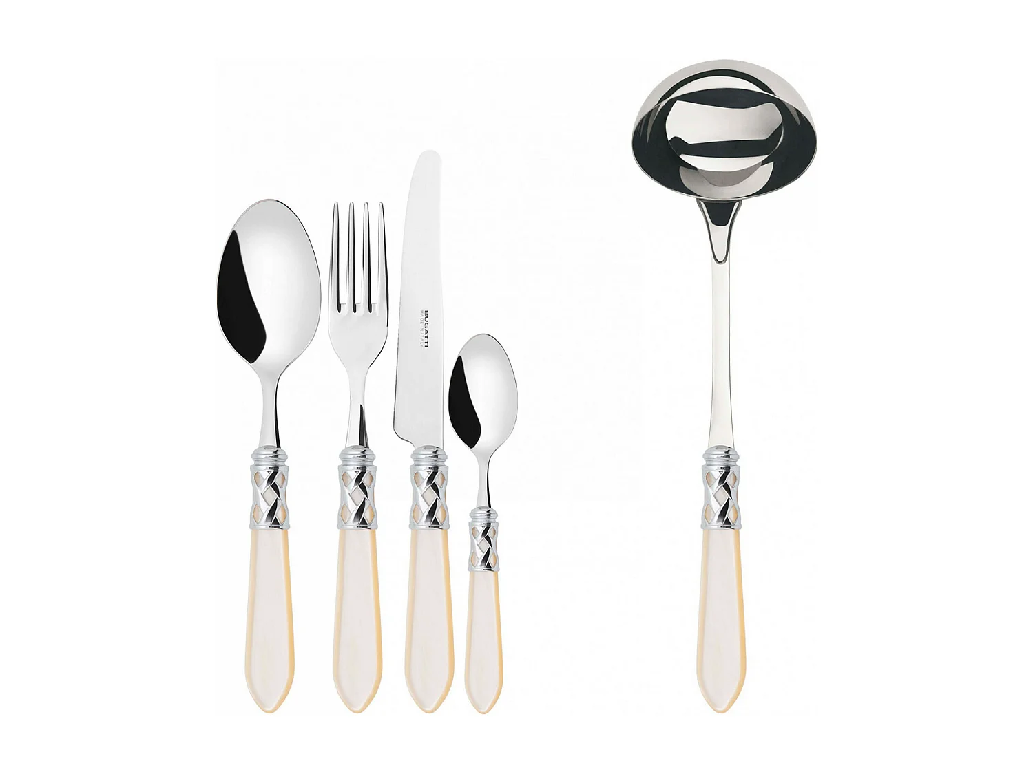 Couverts ALADDIN 49 pièces, bague chromée, manche ivoire, boîte Gallery