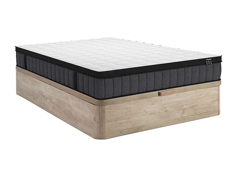 Conjunto 140x190 cm sommier com espaço de arrumação natural claro + colchão híbrido molas ensacadas 7 zonas e gel de memória de forma esp. 25 cm - TOLCA de YSMÉE