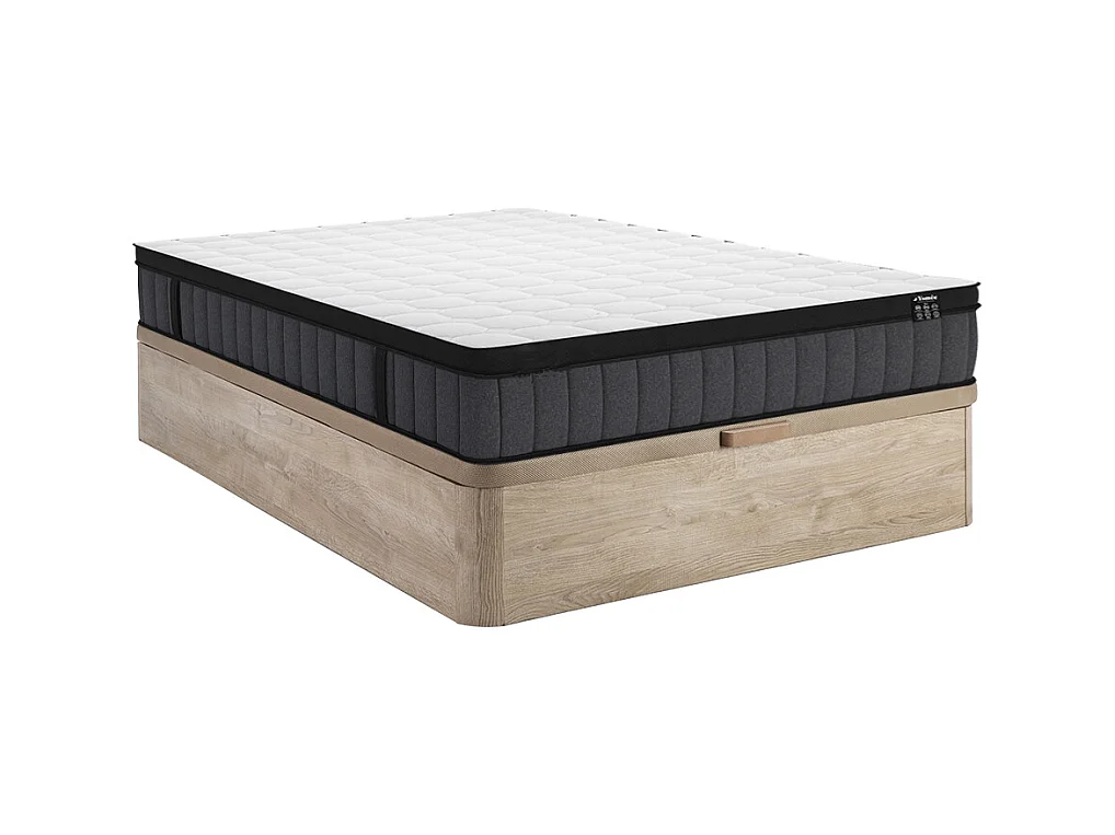 Ensemble 140 x 190 cm sommier coffre naturel clair + matelas hybride ressorts ensachés 7 zones et gel à mémoire de forme ép.25cm - TOLCA de YSMÉE