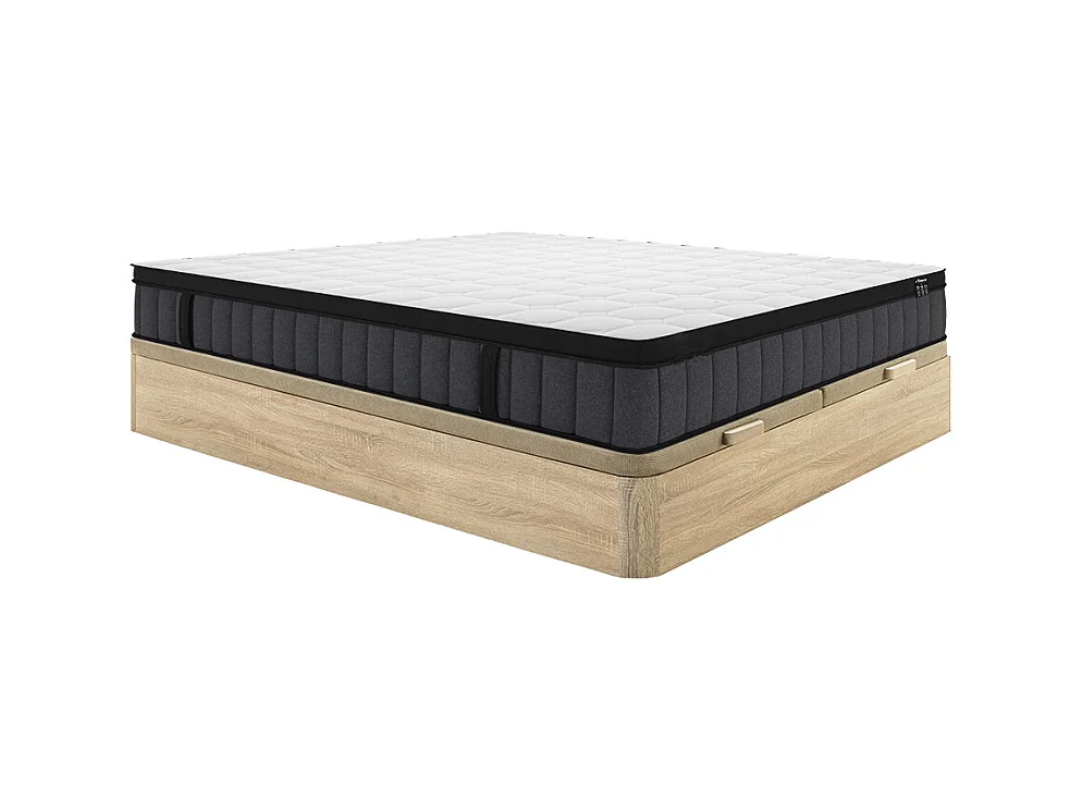 Ensemble 180 x 200 cm sommier coffre naturel clair + matelas hybride ressorts ensachés 7 zones et gel à mémoire de forme ép.25cm - TOLCA de YSMÉE