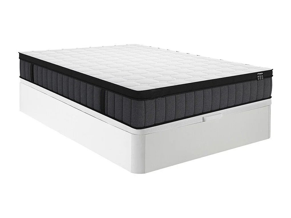 Ensemble 140 x 190 cm sommier coffre blanc + matelas hybride ressorts ensachés 7 zones et gel à mémoire de forme ép.25cm - TOLCA de YSMÉE
