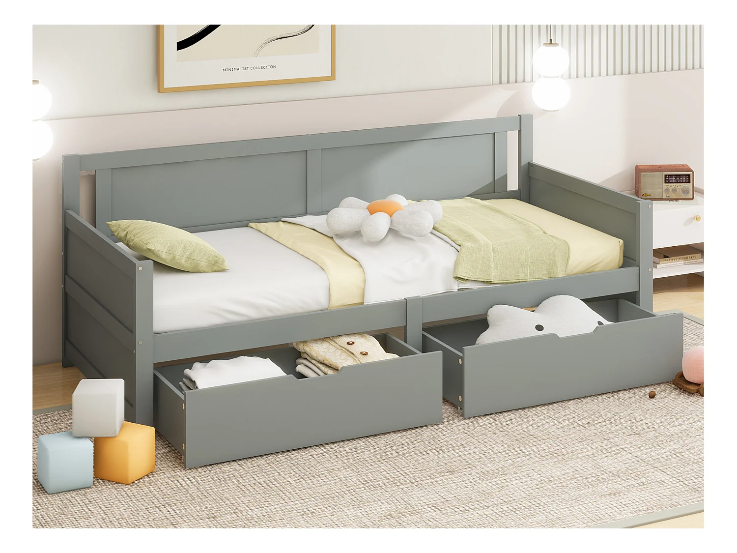 Lit banquette 90x200cm - avec 2 tiroirs - en bois massif - Gris