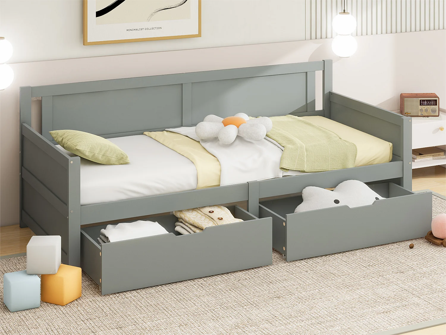 Łóżko banquette 90x200cm - z 2 szufladami - z litego drewna - Szare