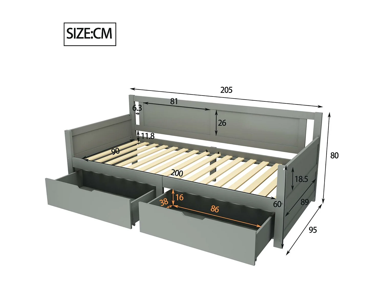 Łóżko banquette 90x200cm - z 2 szufladami - z litego drewna - Szare