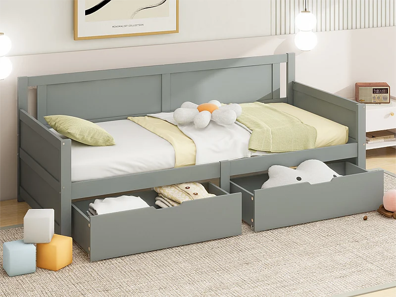 Lit banquette 90x200cm - avec 2 tiroirs - en bois massif - Gris