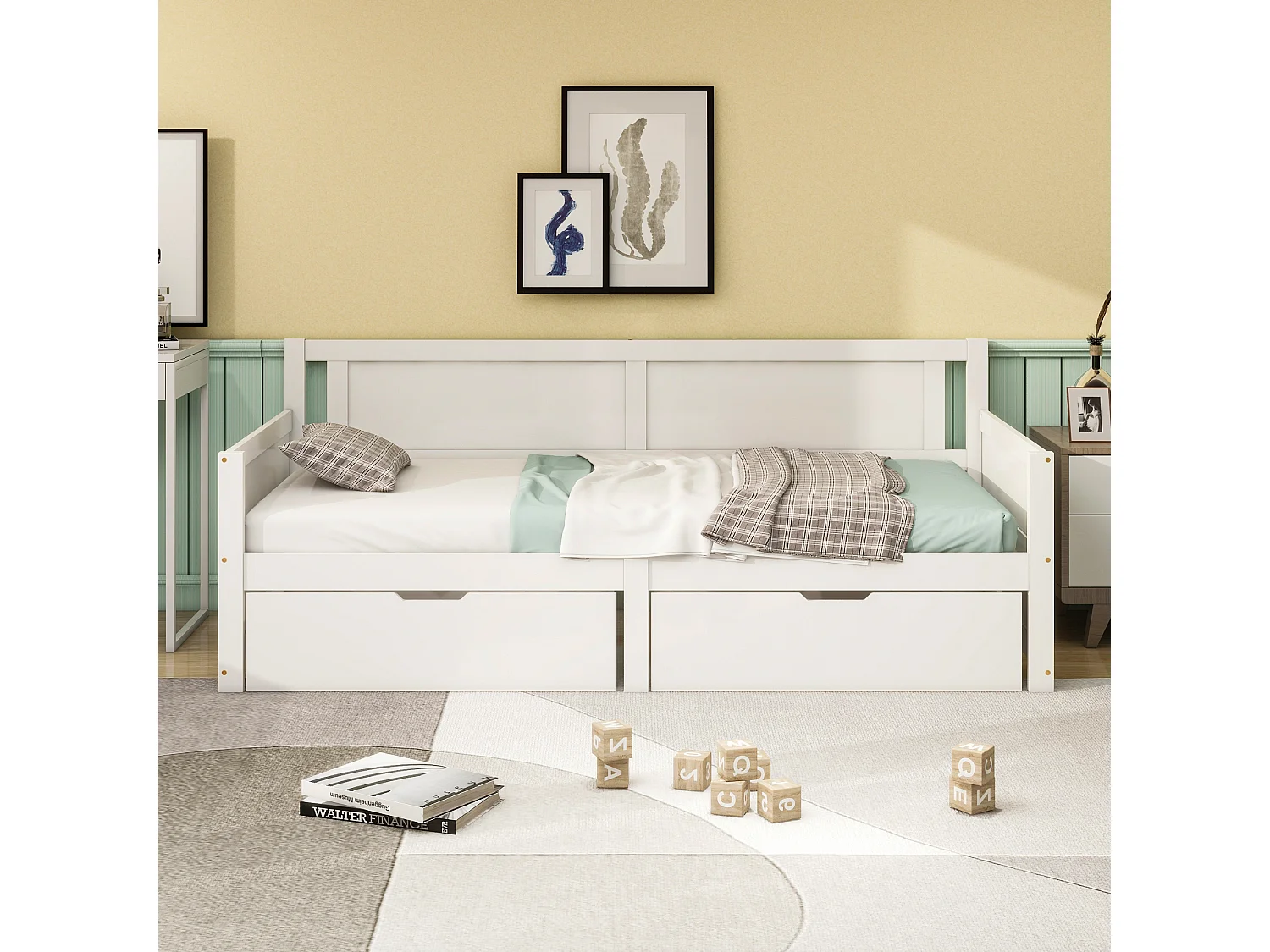 Lit banquette 90x200cm - avec 2 tiroirs - en bois massif - Blanc