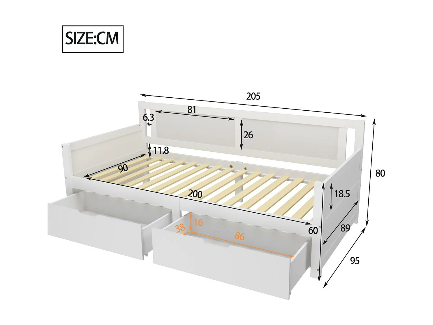 Lit banquette 90x200cm - avec 2 tiroirs - en bois massif - Blanc