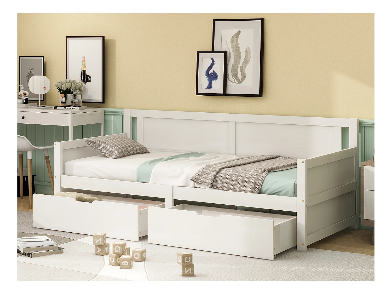 Lit banquette 90x200cm - avec 2 tiroirs - en bois massif - Blanc