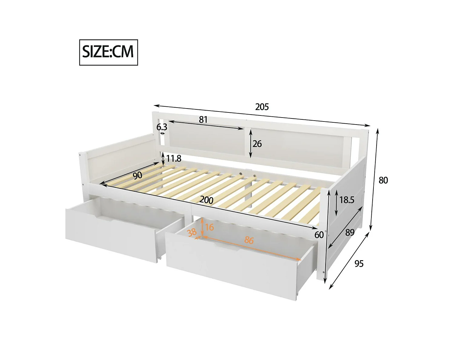 Lit banquette 90x200cm - avec 2 tiroirs - en bois massif - Blanc