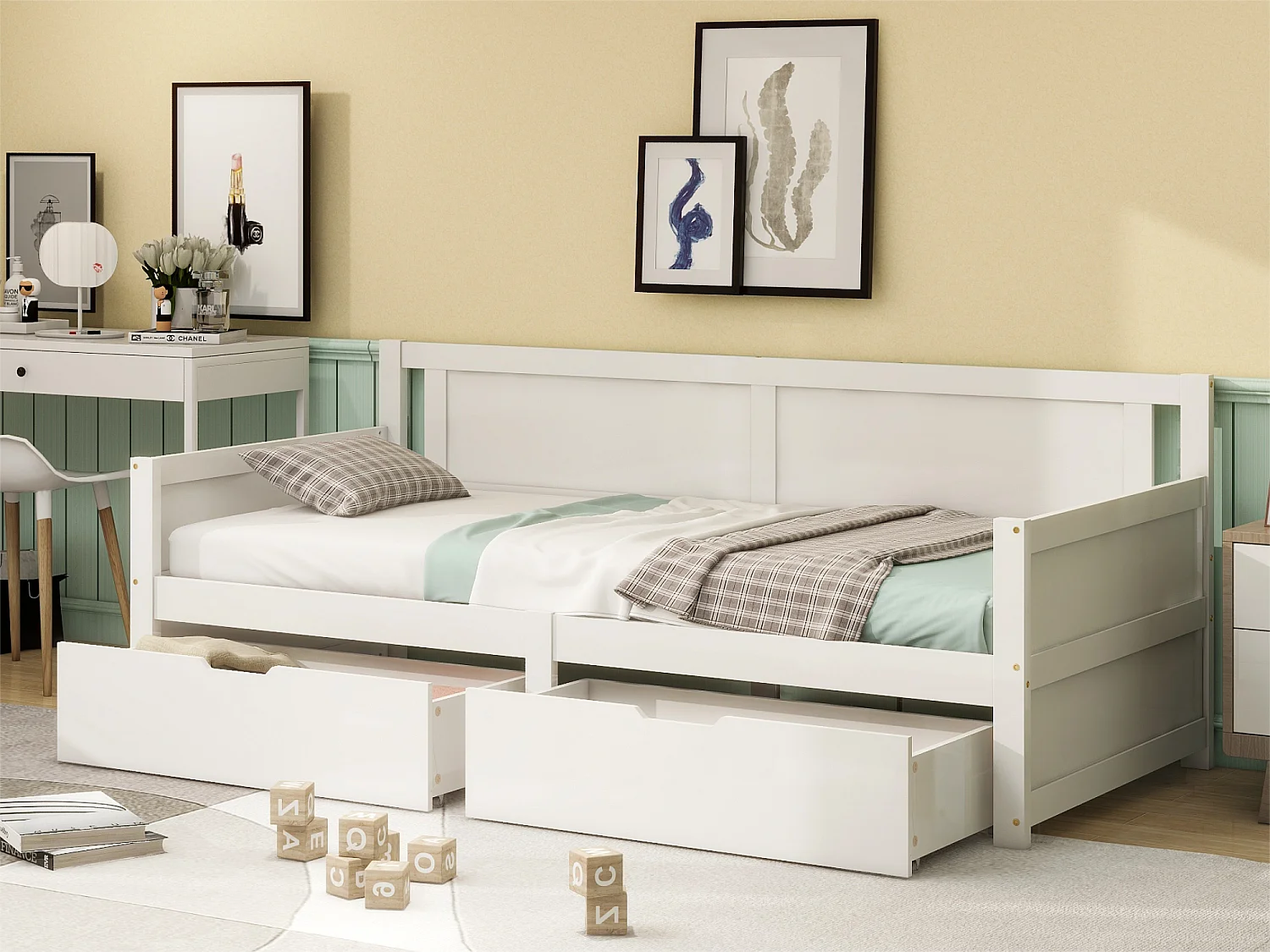 Łóżko banquette 90x200cm - z 2 szufladami - z litego drewna - Białe