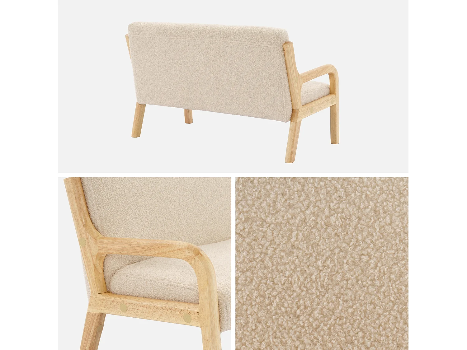 Panca per bambini scandinava, tessuto bouclé, 2 posti, beige