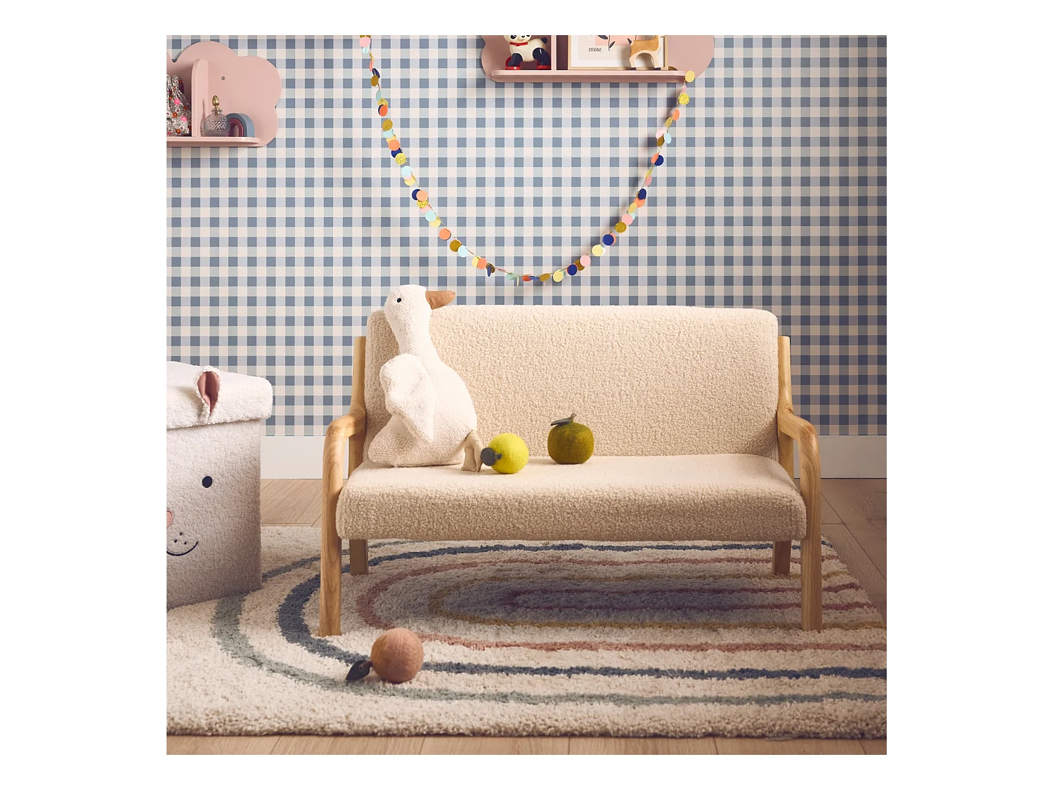 Panca per bambini scandinava, tessuto bouclé, 2 posti, beige