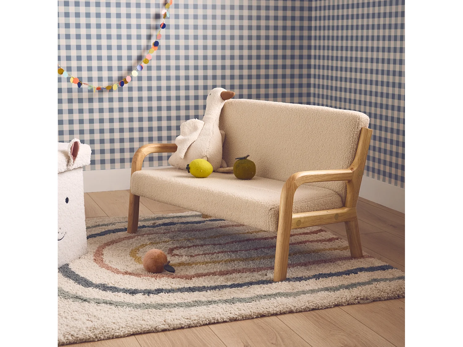 Panca per bambini scandinava, tessuto bouclé, 2 posti, beige