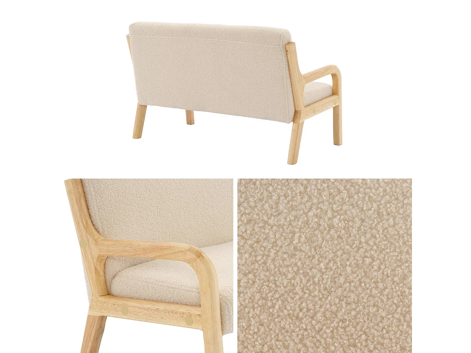 Panca per bambini scandinava in tessuto bouclé, 2 posti Beige - 81x45x50 cm