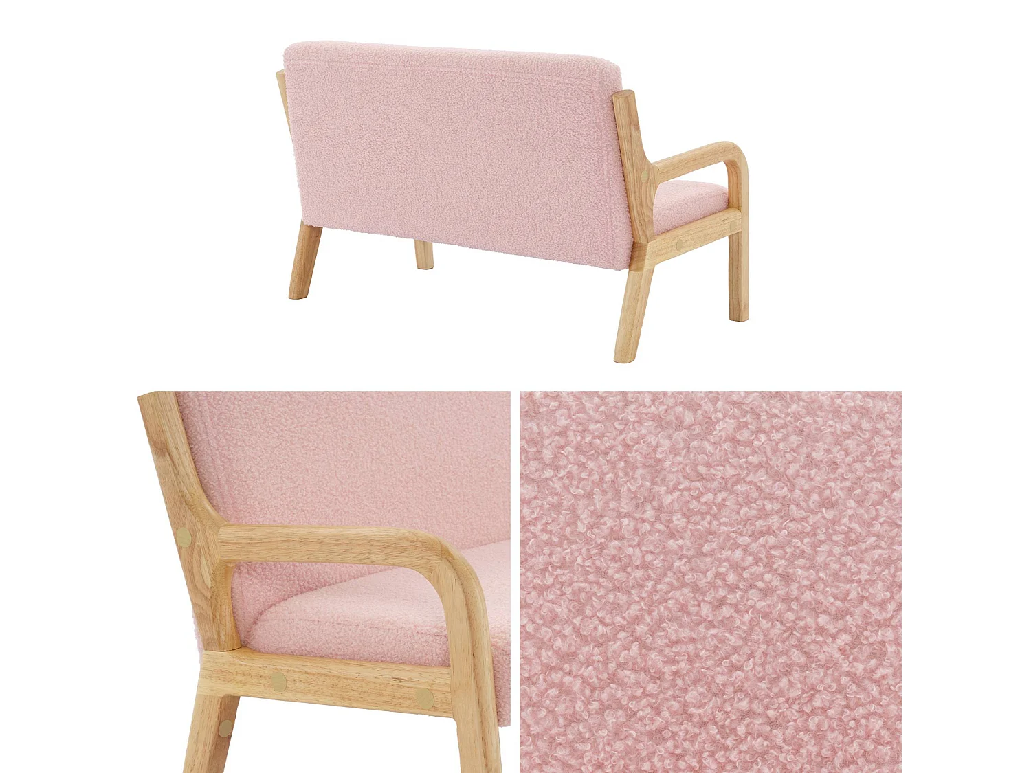 Banquette scandinave enfant en bois et tissu bouclette rose 2 places