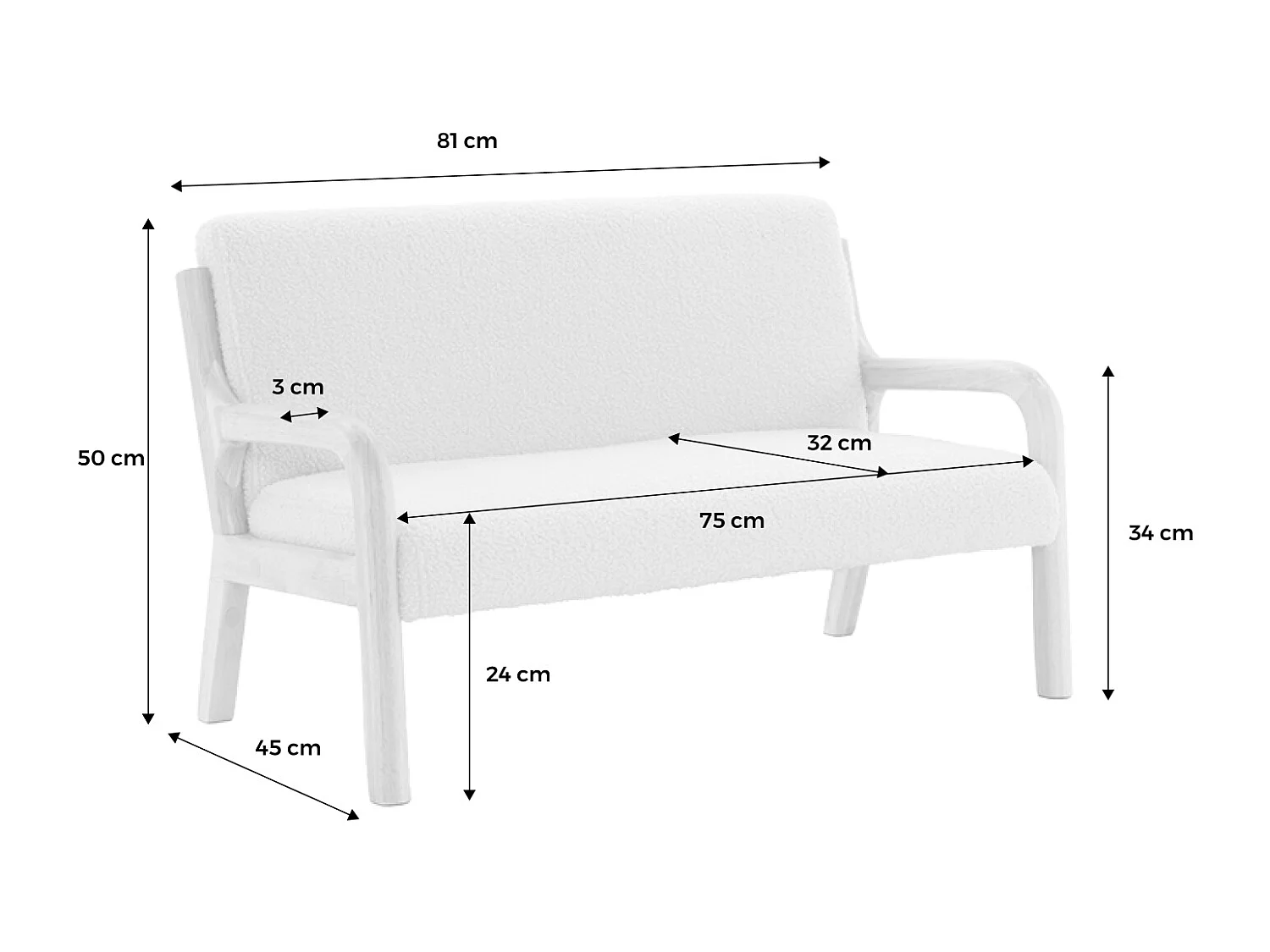 Banquette scandinave enfant en bois et tissu bouclette rose 2 places