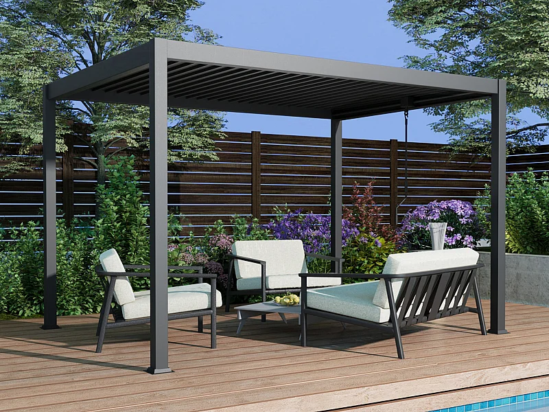 Pergola bioclimatique autoportante  en aluminium avec lames orientables -  12 m² - anthracite - AMALFI