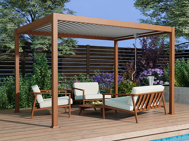 Pergola bioclimatique autoportante  en aluminium  avec lames orientables - 12 m² - coloris naturel foncé - AMALFI