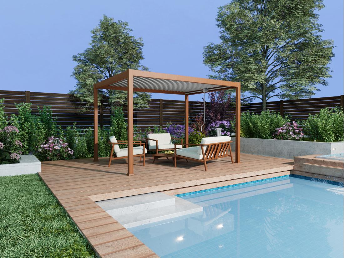 vente unique Pergola bioclimatique autoportante en aluminium avec lames orientables - 12 m² - coloris naturel foncé - AMALFI