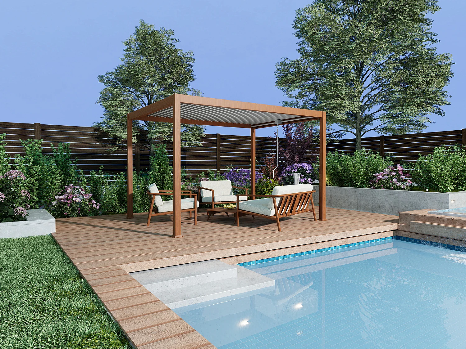 Pérgola bioclimática autoportante con lamas orientables - 12 m² - color natural oscuro - AMALFI