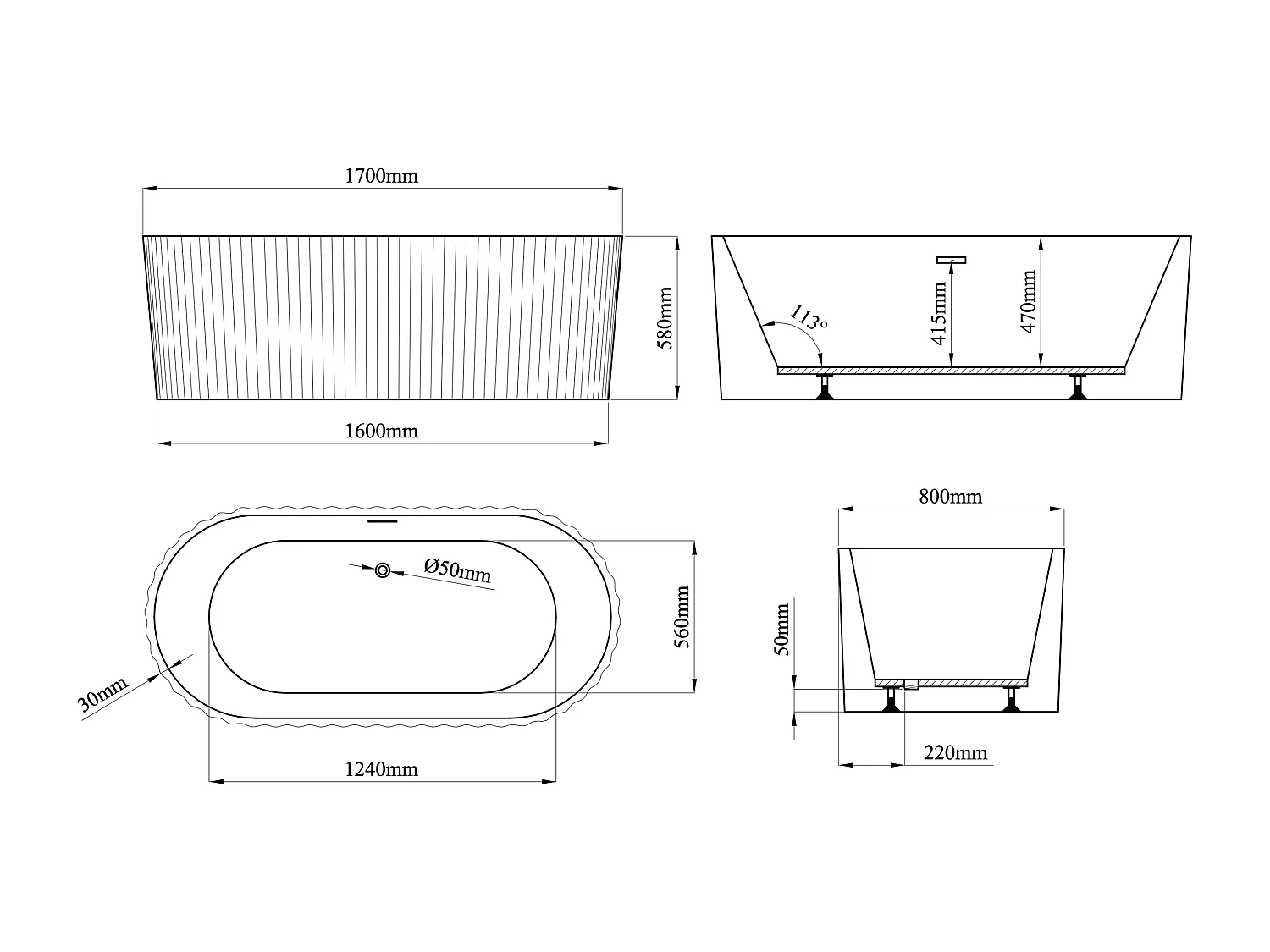 Geribbeld vrijstaand bad van acryl - Glanzend wit - 230L - 170 x 80 x 58 cm - ALIENA